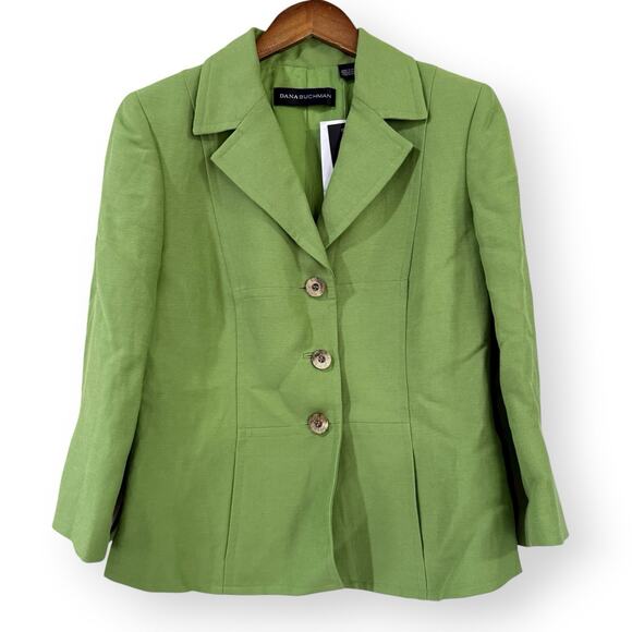 Dana Buchman Palm Green Linen Blend Blazer Jacket Size 8 Single Breasted Pockets - Picture 1 of 13